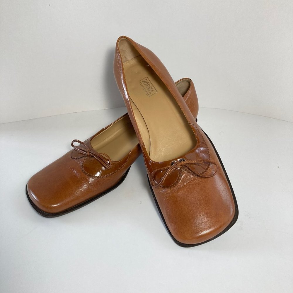 Harold Powell Cognac Genuine Leather Square Toe Flat Shoe Sz 9.5M Made in Italy